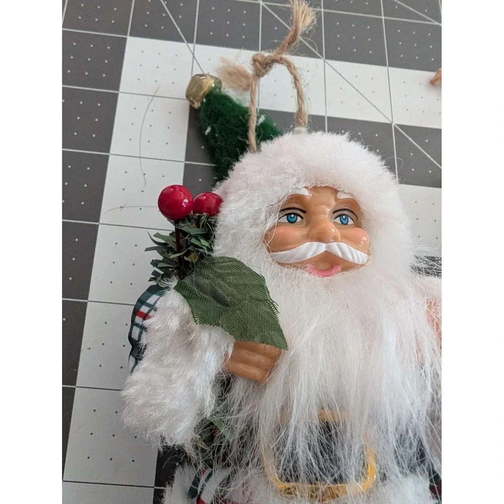 Holiday Time Santa Clause Plastic Face mixed‎ fabric hanging ornament lot 2